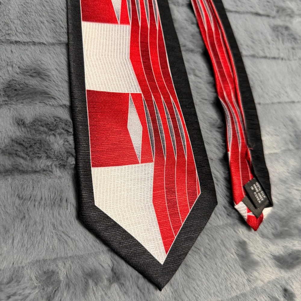 Henri Picard Silk Necktie Mens OS Red Black Geometric Abstract Wide Tie